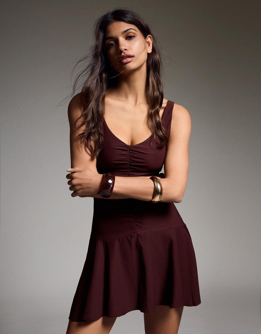 Robe mini froncée-Marron