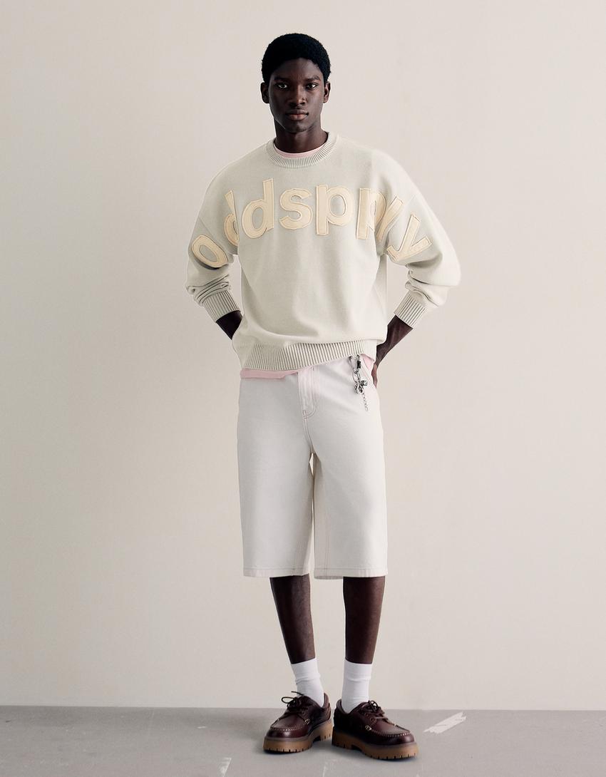 Crew neck sweater with patch-Stone