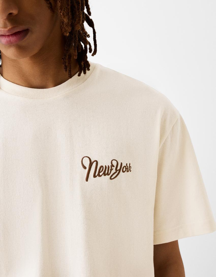 T-shirt manches courtes boxy fit universitaire imprimé-Camel-6