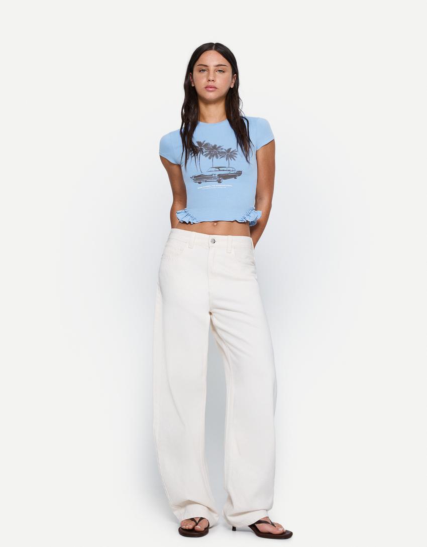 Printed short sleeve T-shirt with ruffles-Blue