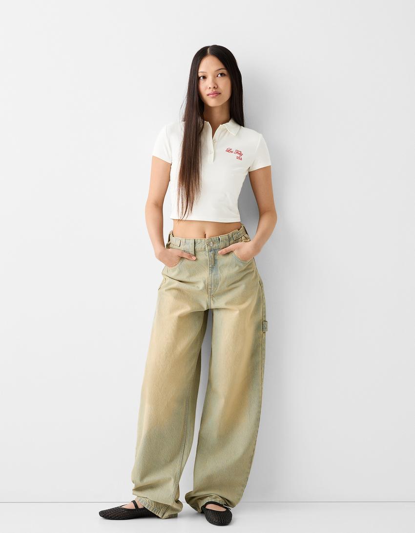 Printed short sleeve T-shirt with a polo collar-Off white