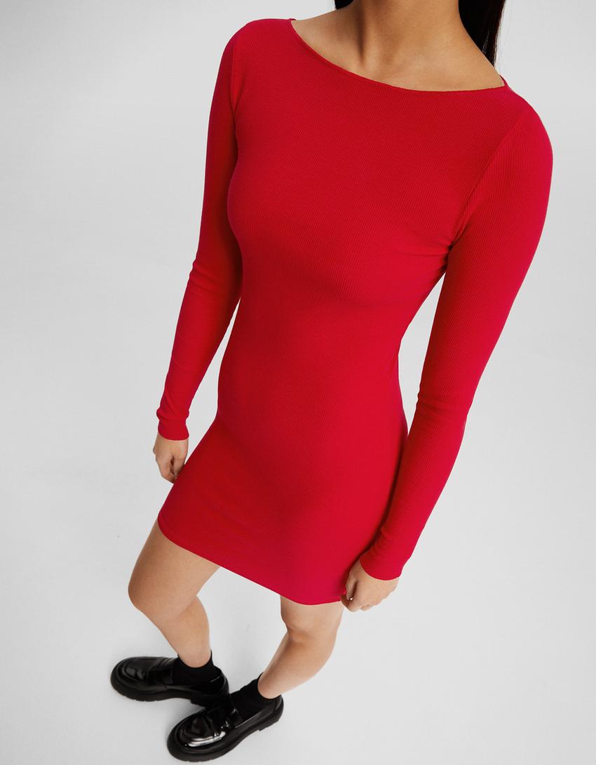 Ribbed knit boat neck long sleeve mini dress-Red-2