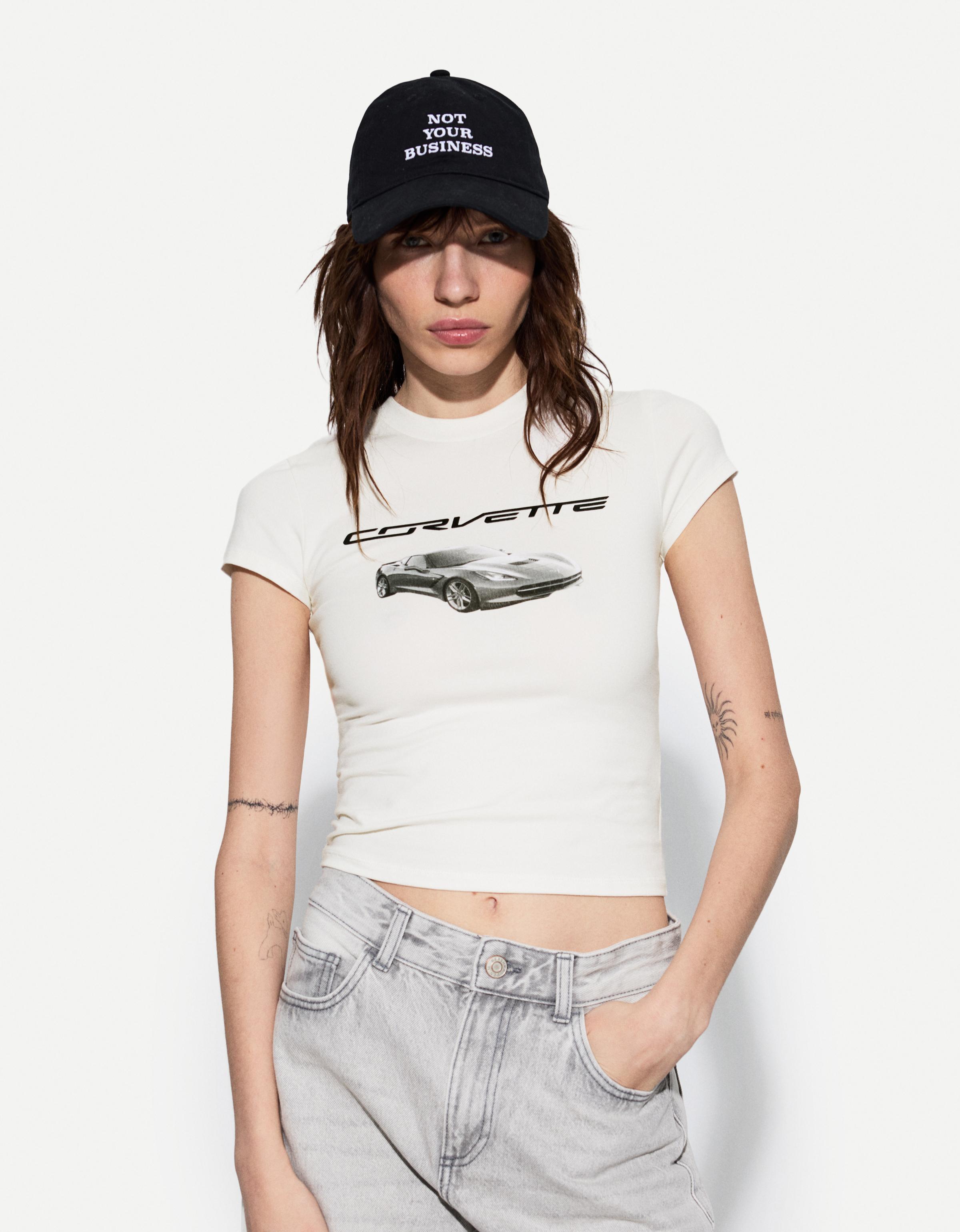 Bershka T-Shirt Corvette Mit Kurzen Ärmeln Damen S Weiss