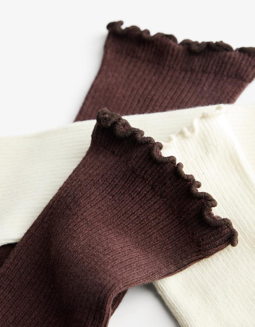 Pack of 2 lettuce-edge ribbed socks-Brown-1