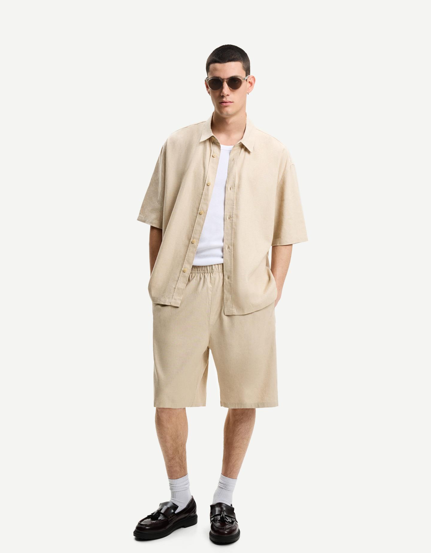 Bershka Bermuda Loose Jogger Con Lino Hombre M Arena