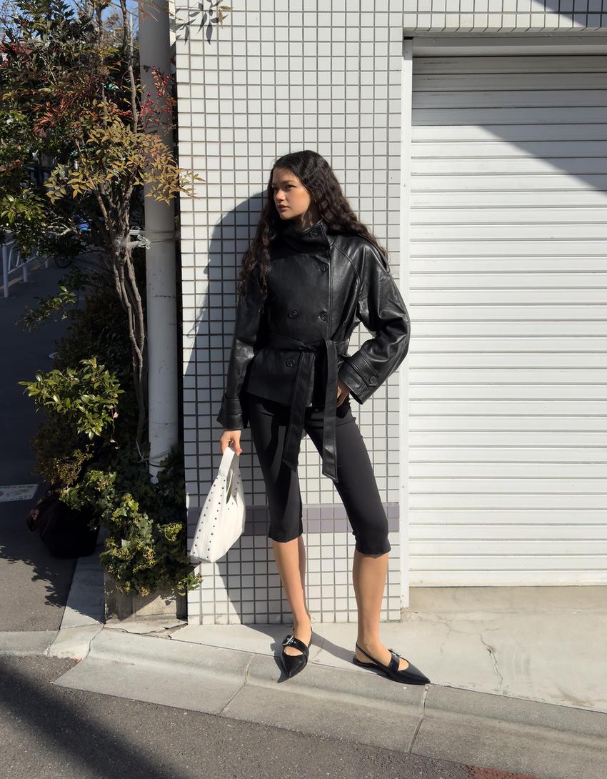 Cropped leather effect trench jacket-Black