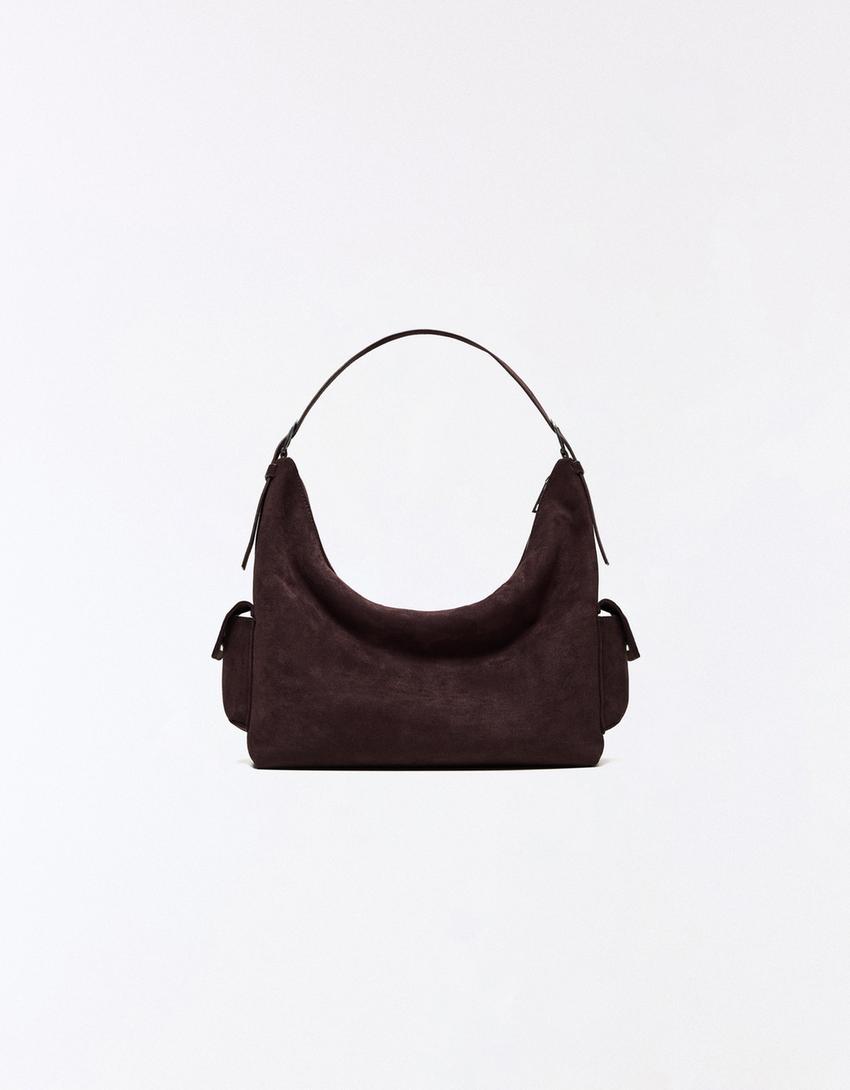 Faux suede bucket bag-Brown