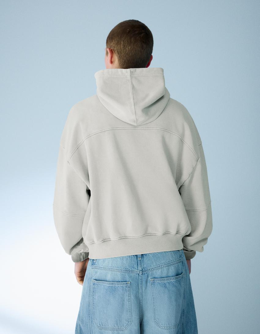 Boxy fit kapüşonlu yıkamalı sweatshirt-Gri