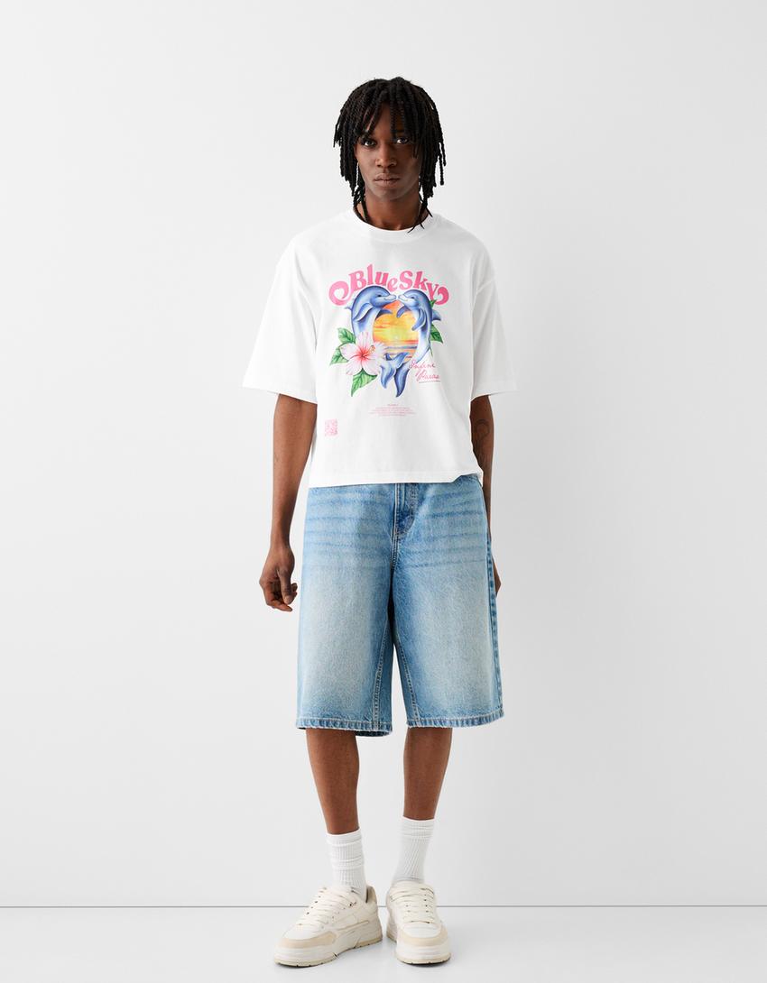 T-shirt da Bershka Wearable Art cropped boxy fit com estampado-Branco-4