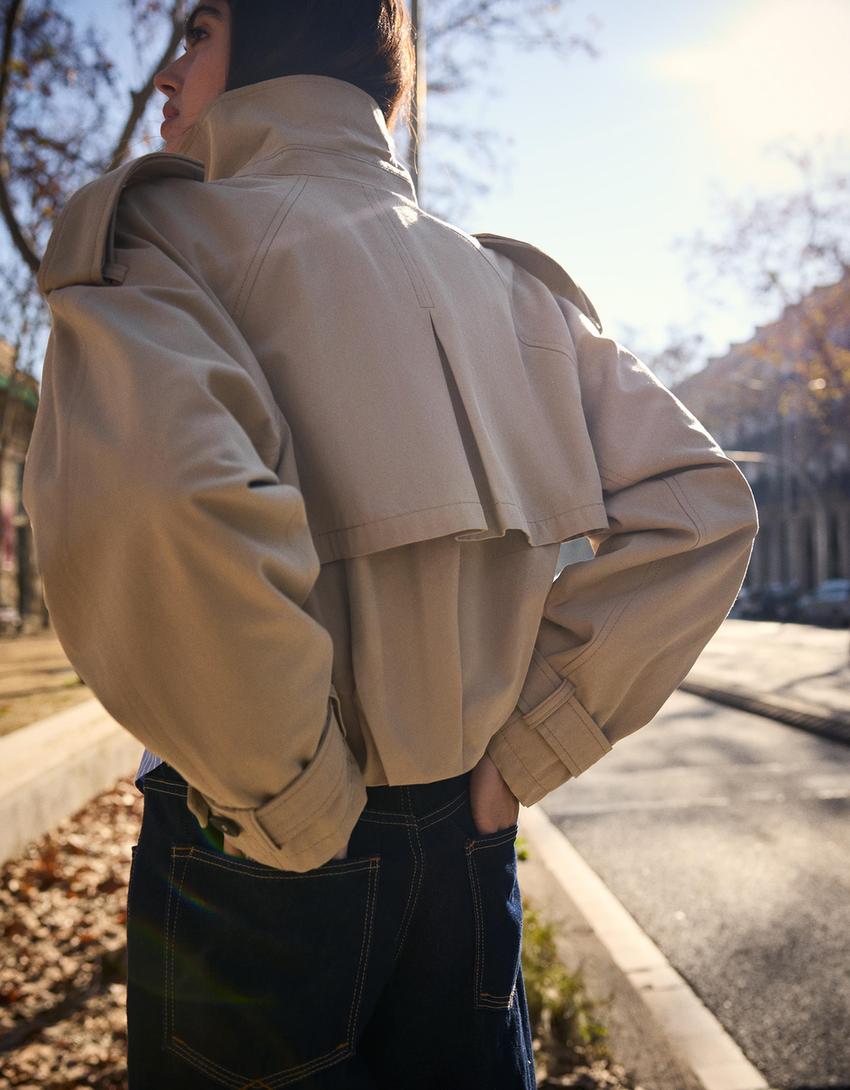 Balloon effect cropped trench coat-Camel