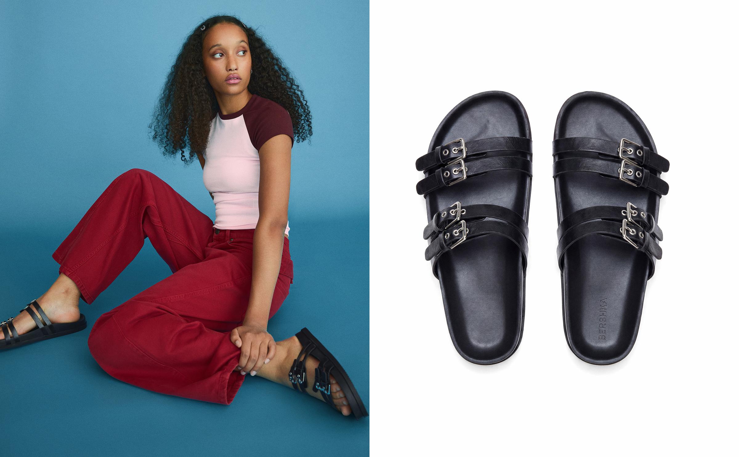 Double buckle flat slider sandals — BLACK