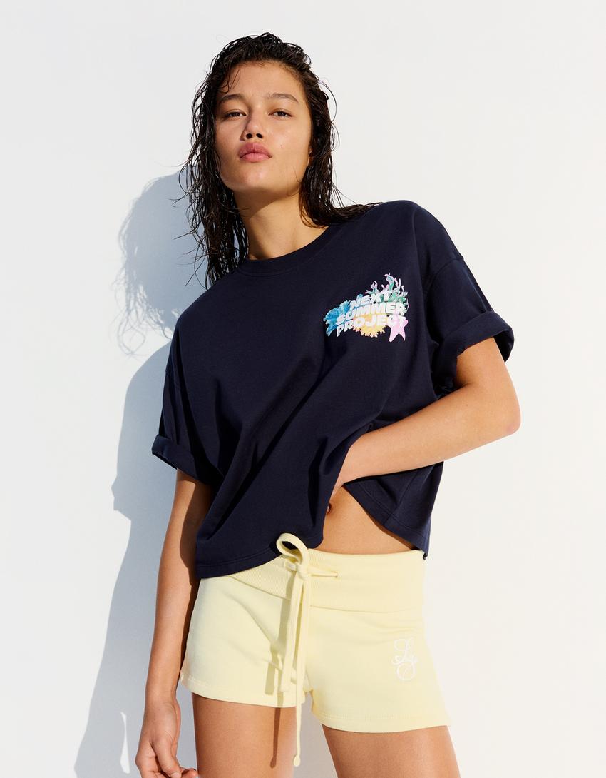 Oversize Short Sleeve Print T shirt Women Bershka oversize-short-sleeve-print-t-shirt-women-bershka