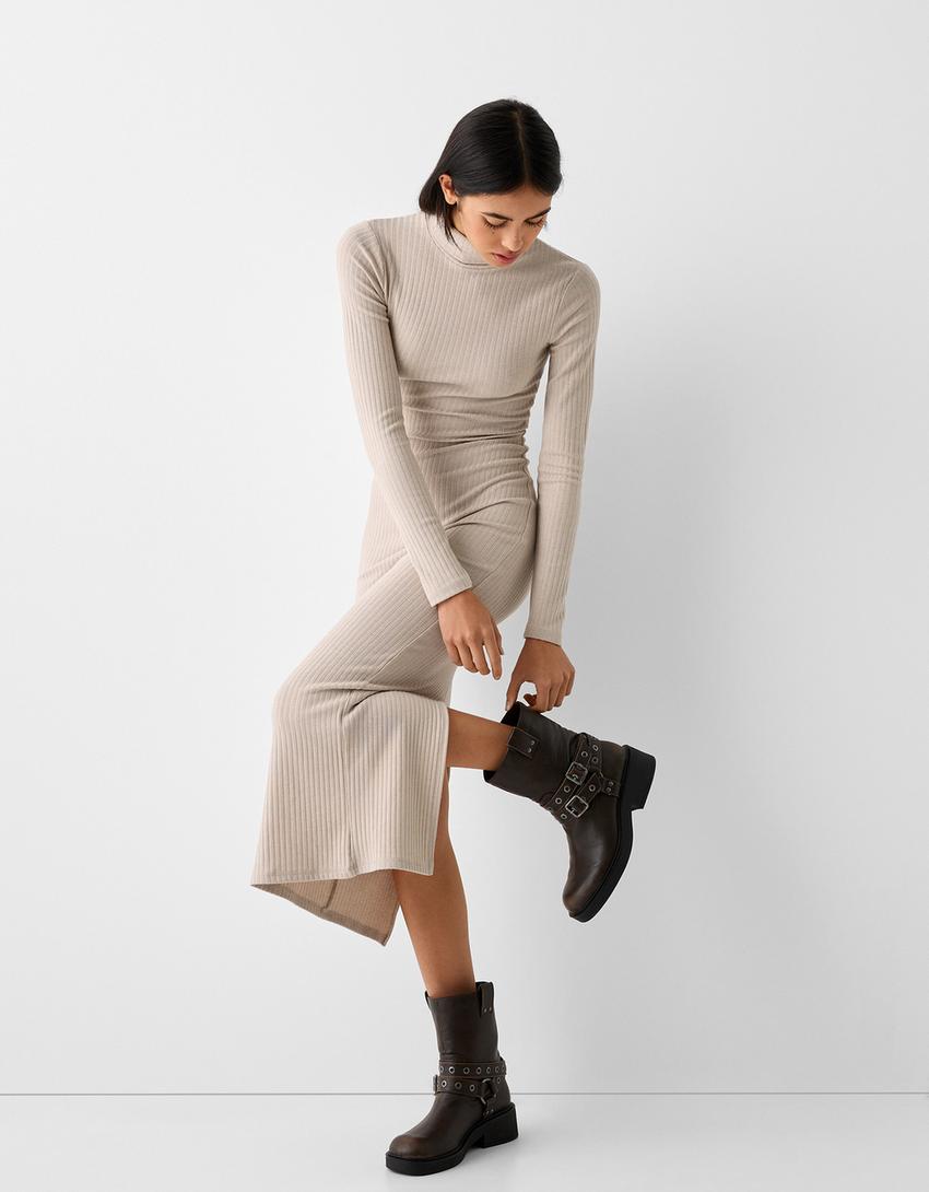 Ribbed knit high neck dress with long sleeves-Sand