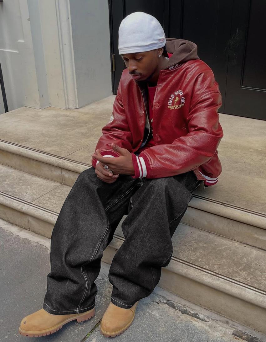 Blouson bomber similicuir imprimé-Rouge