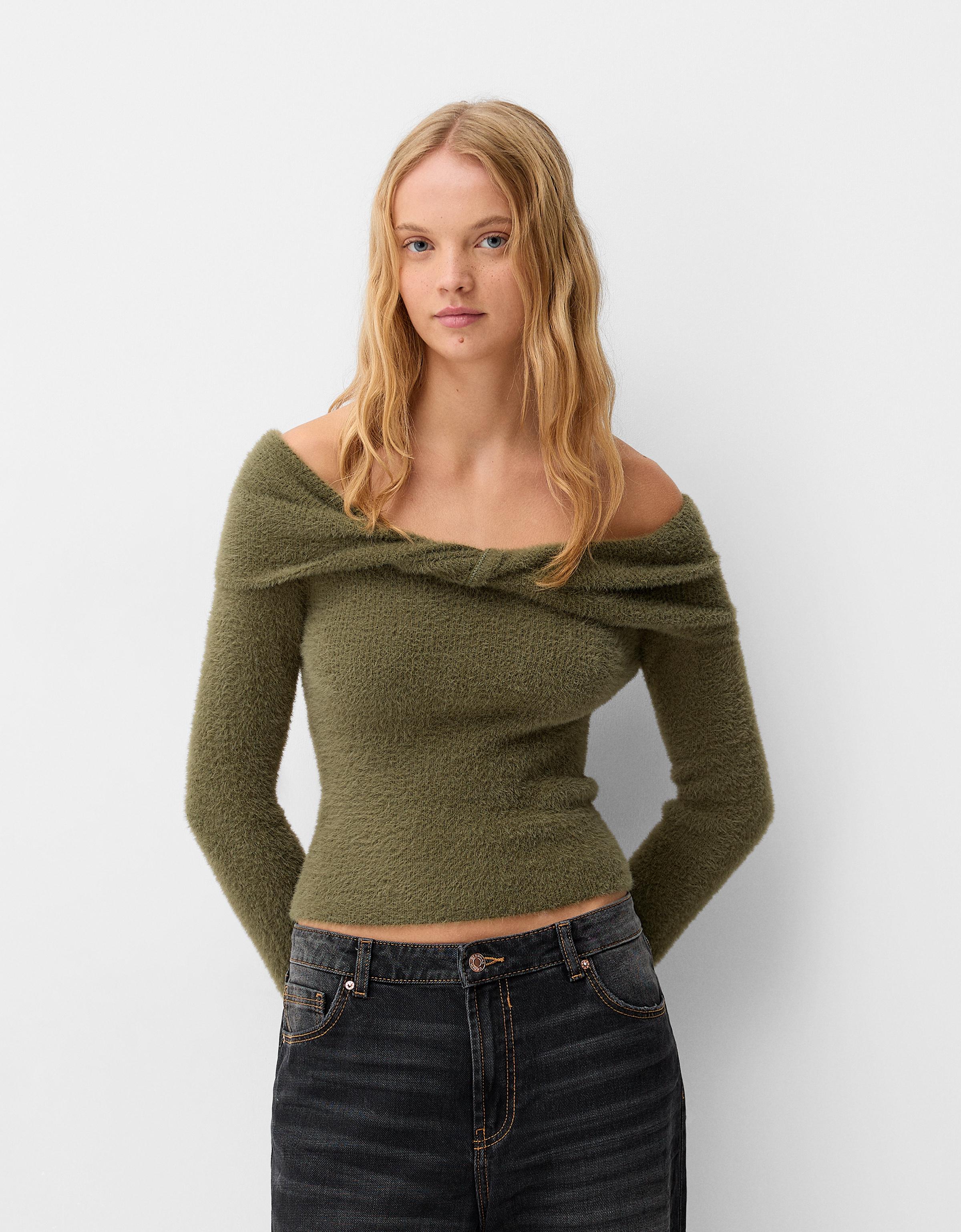 Bershka Bardot-Pullover Kunstfell Damen M Grün