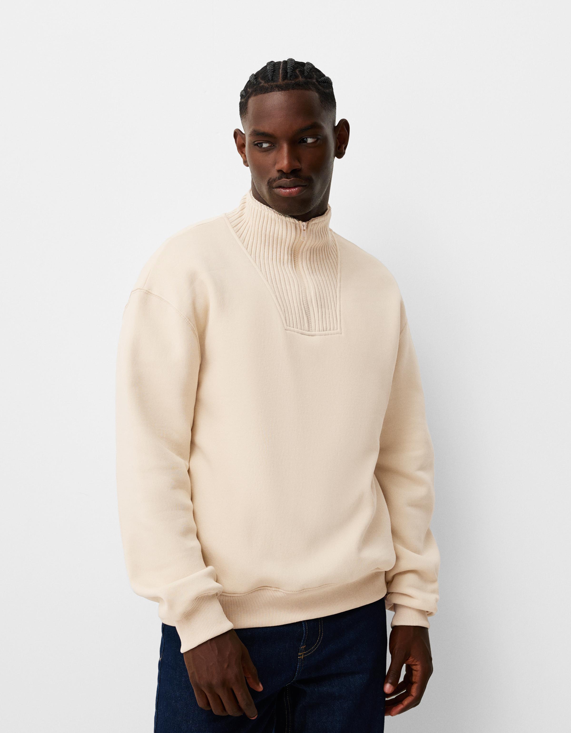 Bershka Sweatshirt Mit Reißverschluss Und Patentmuster Herren M Beige