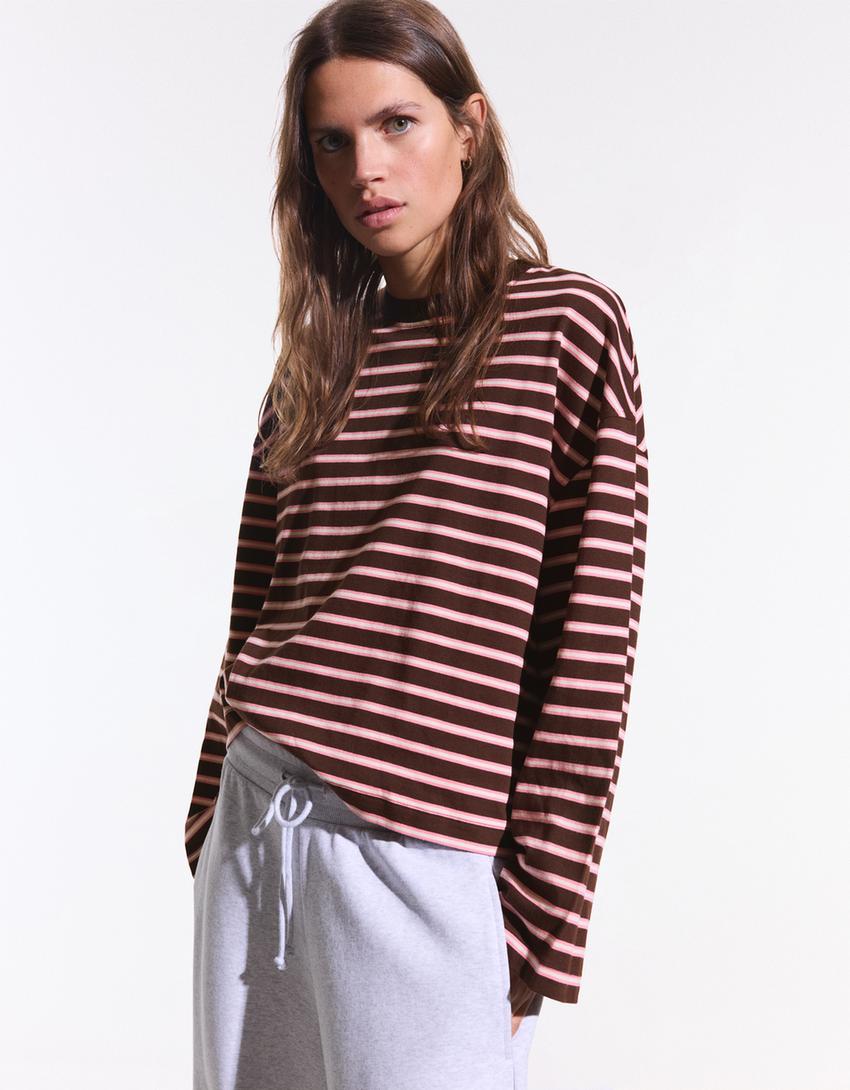 Printed long sleeve T-shirt-Brown