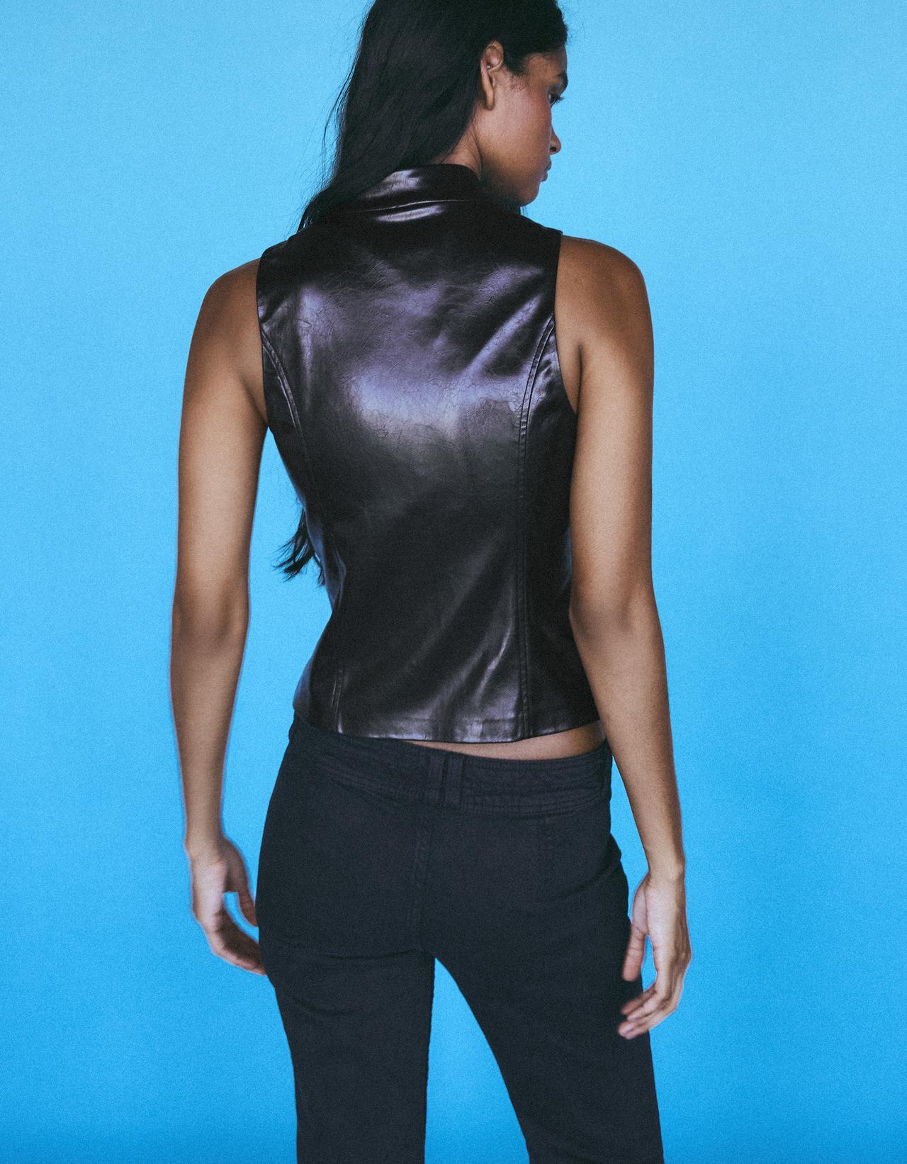 Leather-effect sleeveless high-neck top — Black