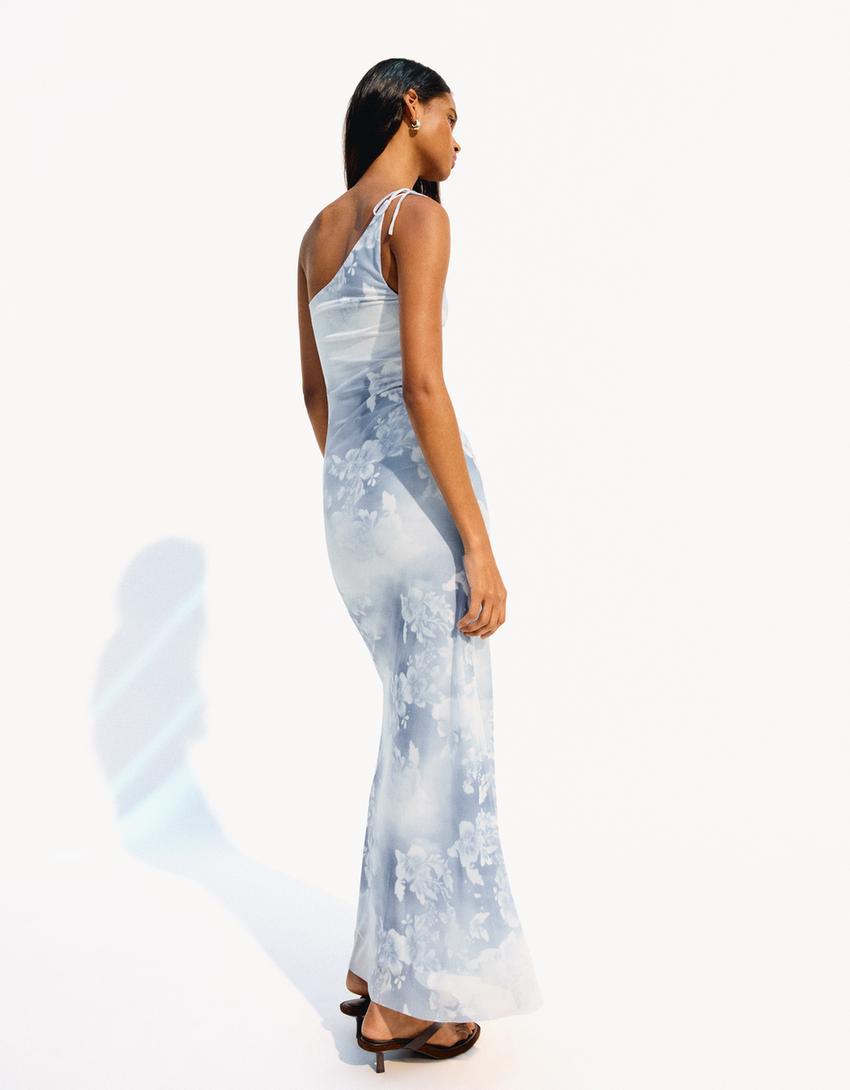 Robe maxi tulle asymétrique imprimée-Bleu-1