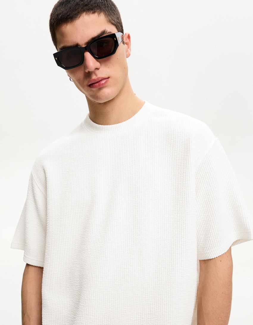 T-shirt manches courtes seersucker-Blanc cassé