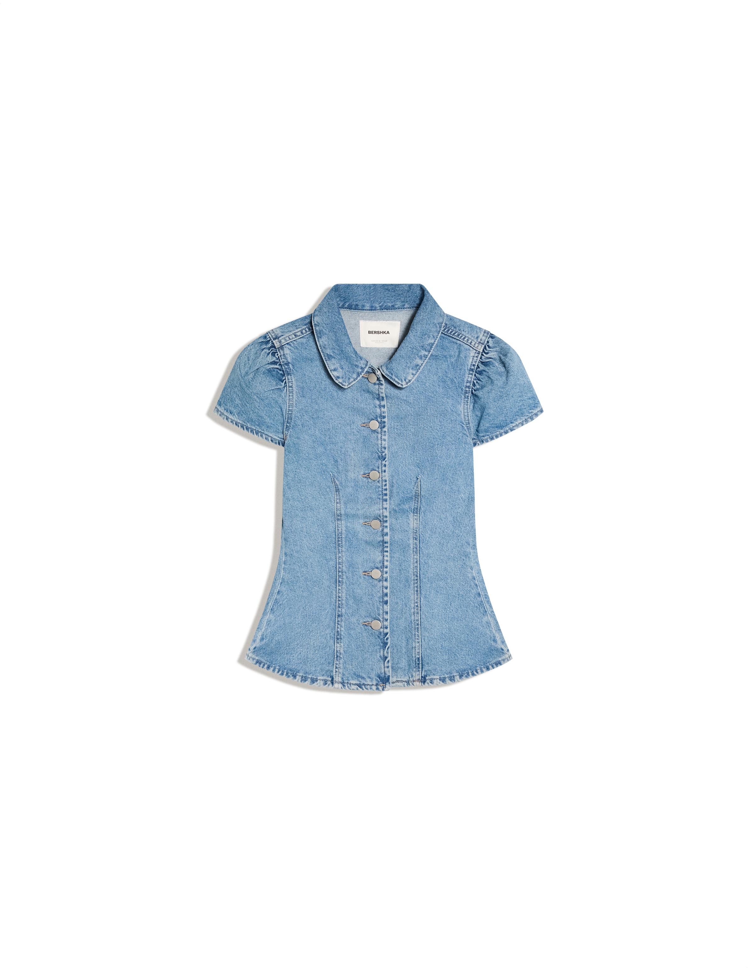 Balloon fit short-sleeve denim top — Light blue