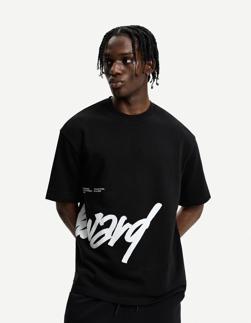 Printed short sleeve plush T-shirt-Black