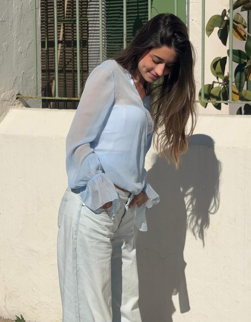 Uzun kollu kruvaze bluz-Açık mavi