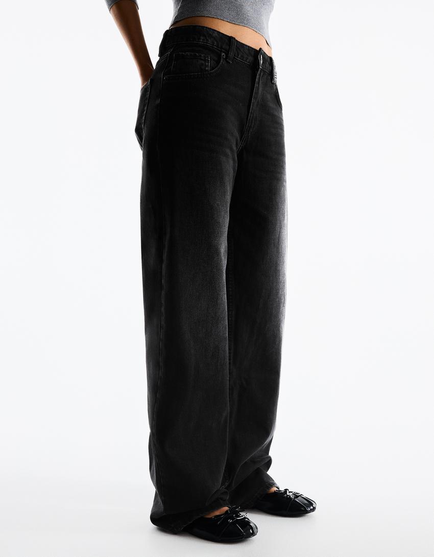 Yüksek bel straight fit geniş paça jean-Siyah