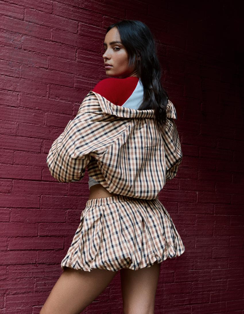 Gonna pantalone in tessuto tecnico a quadri-Avorio