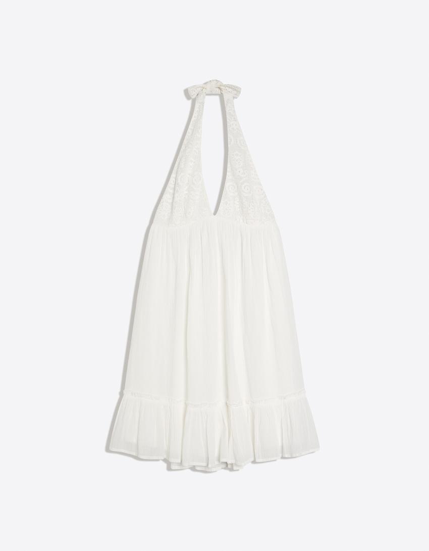 Crochet halter mini dress-White