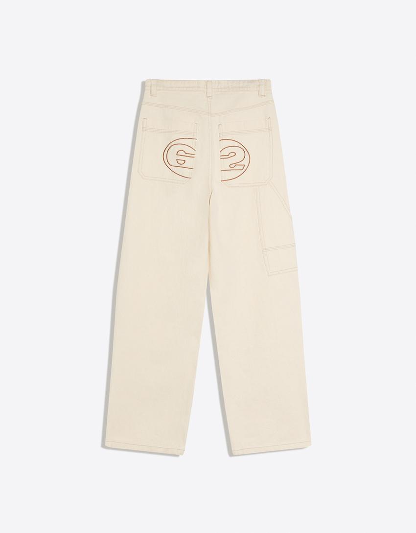 Embroidered neo barrel carpenter jeans-Cream