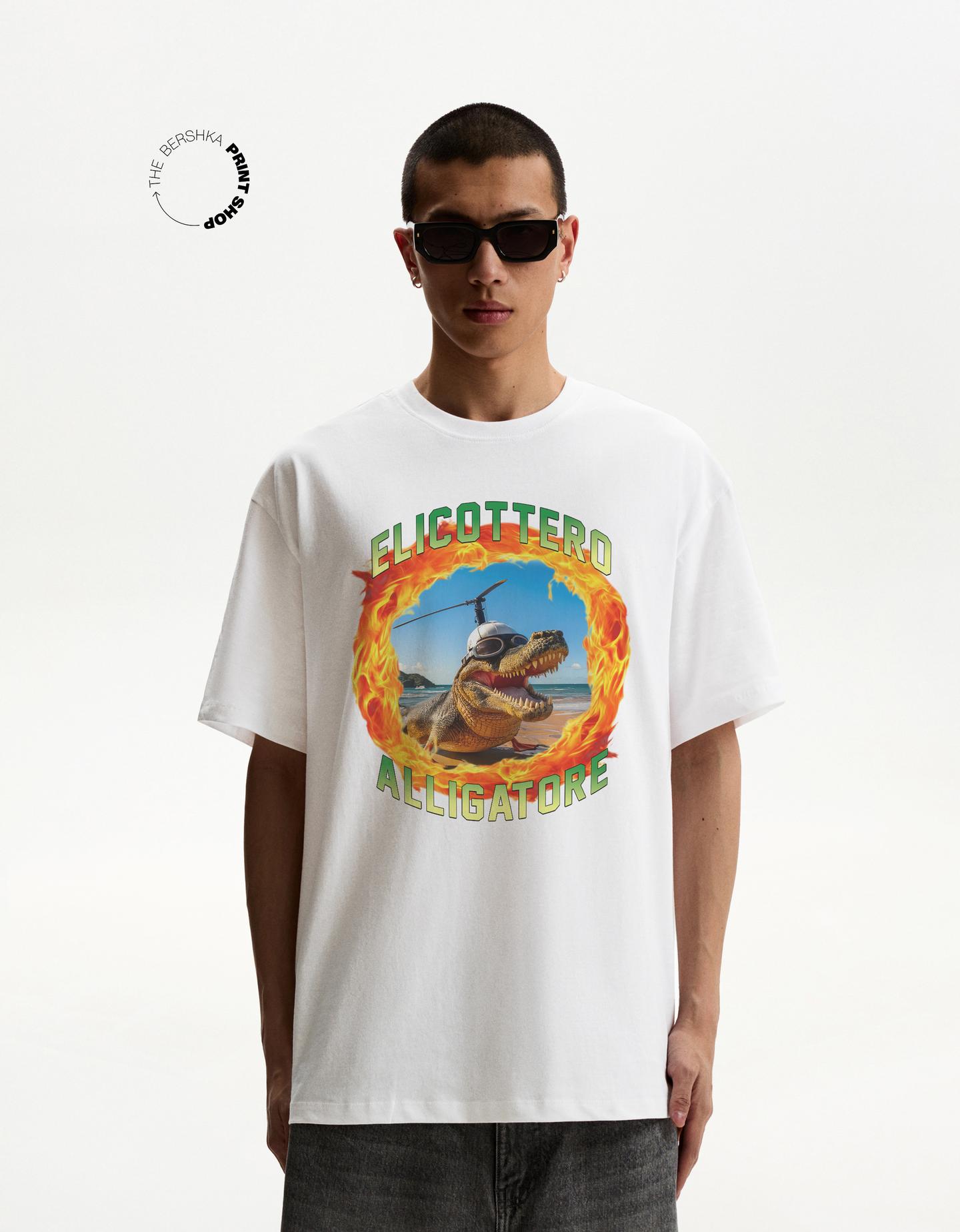 Bershka T-Shirt Manches Courtes Imprimé Homme S Blanc