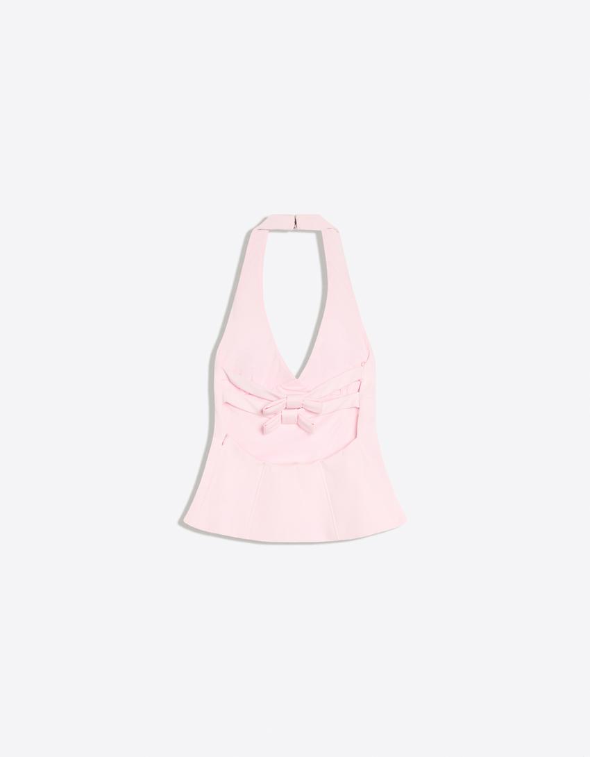 Top structuré à encolure américaine et nœuds-Rose