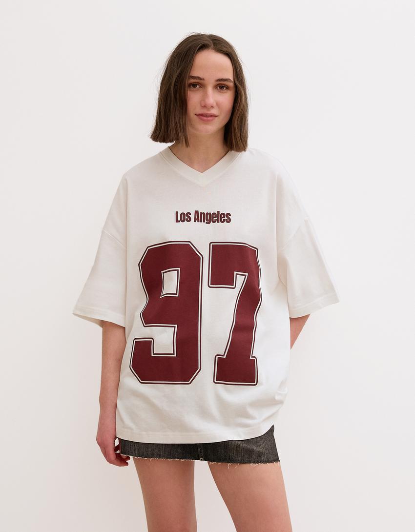 T-shirt manches courtes col V imprimé-Blanc cassé-1