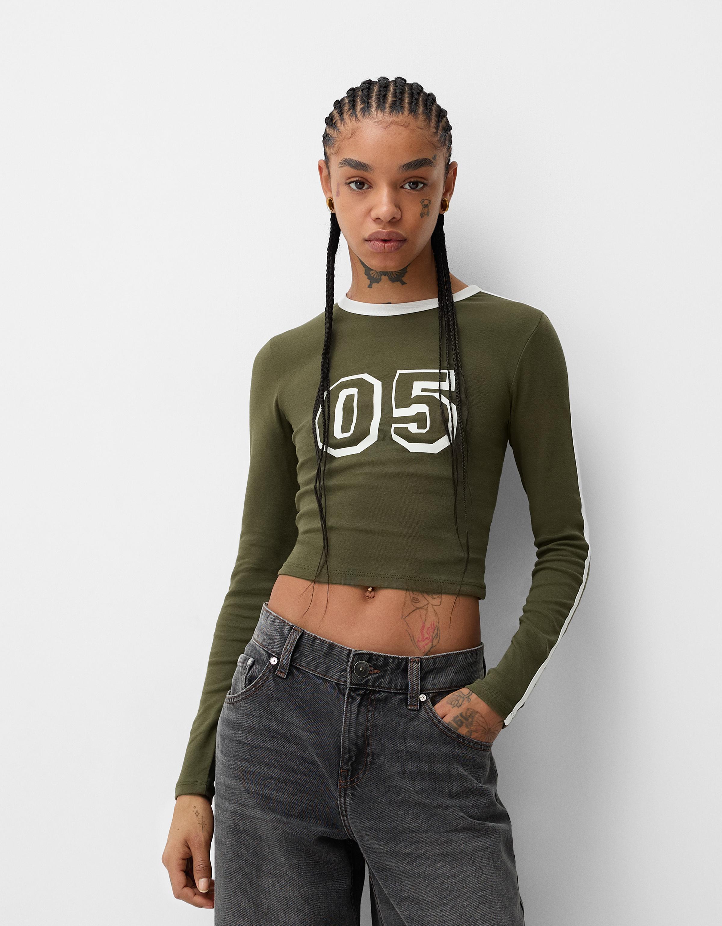 Bershka Langarmshirt Mit Langen Ärmeln Borte Und Print Damen L Khaki