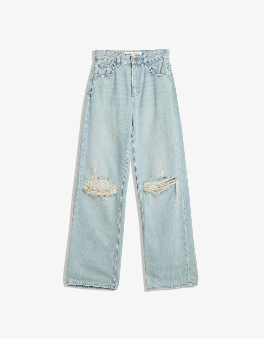 Jeans met wide leg en scheuren-Blauw-3