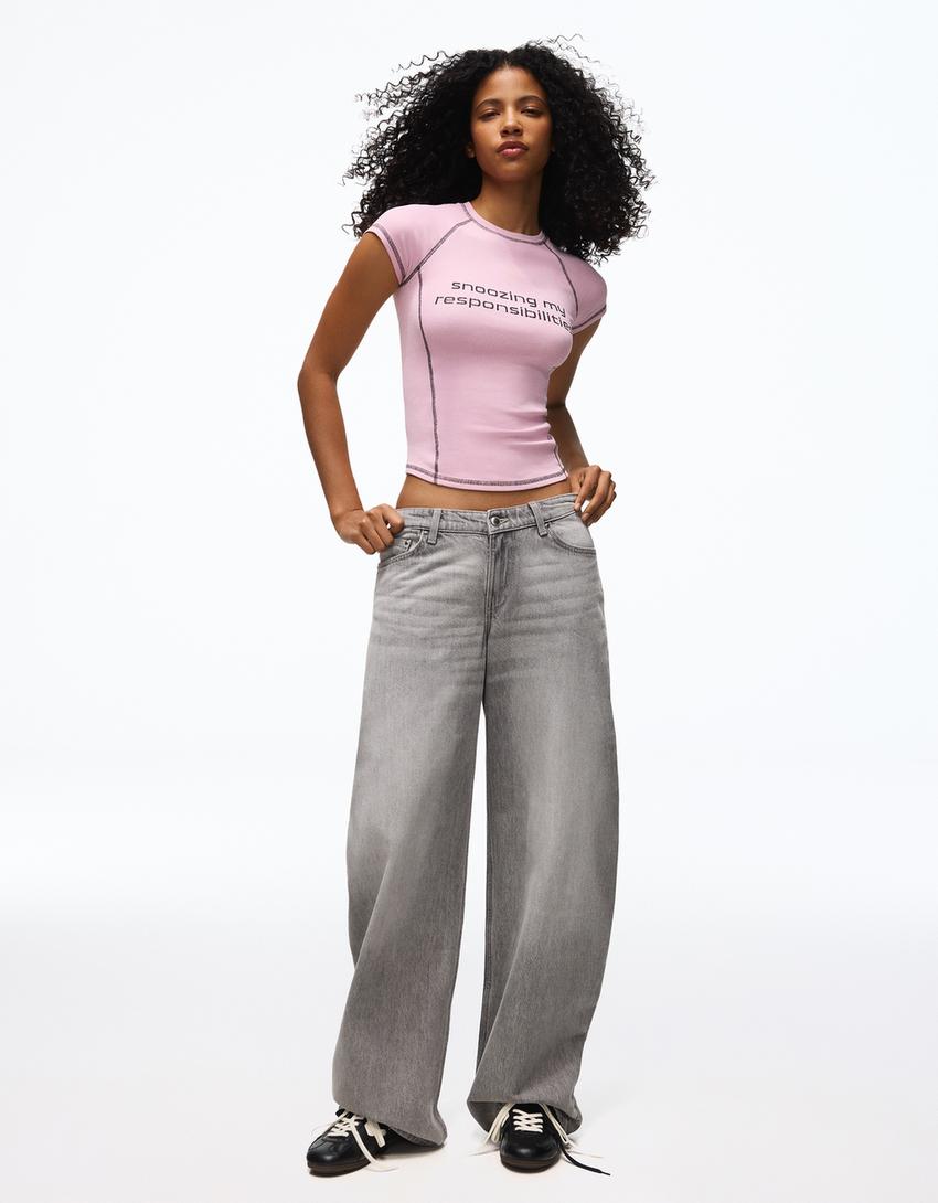 Printed short raglan sleeve T-shirt-Pink
