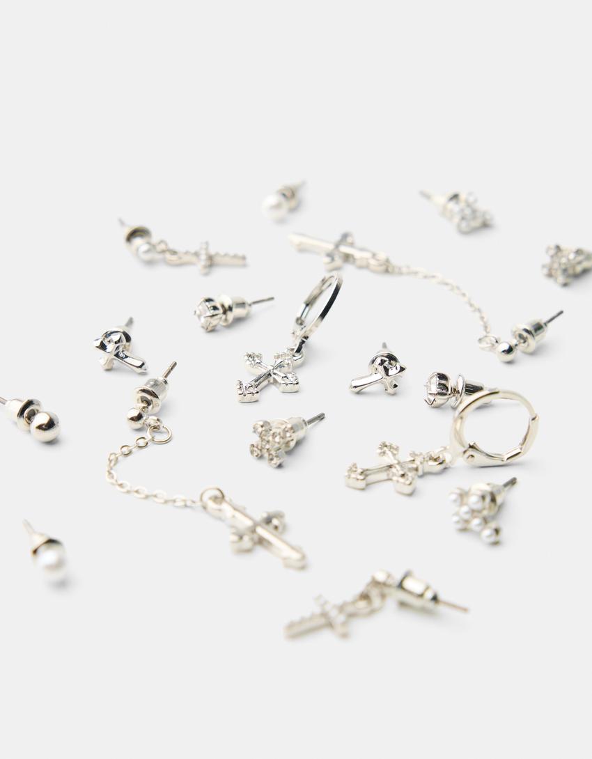 Conjunto 9 brincos cruzes-Prateado-1