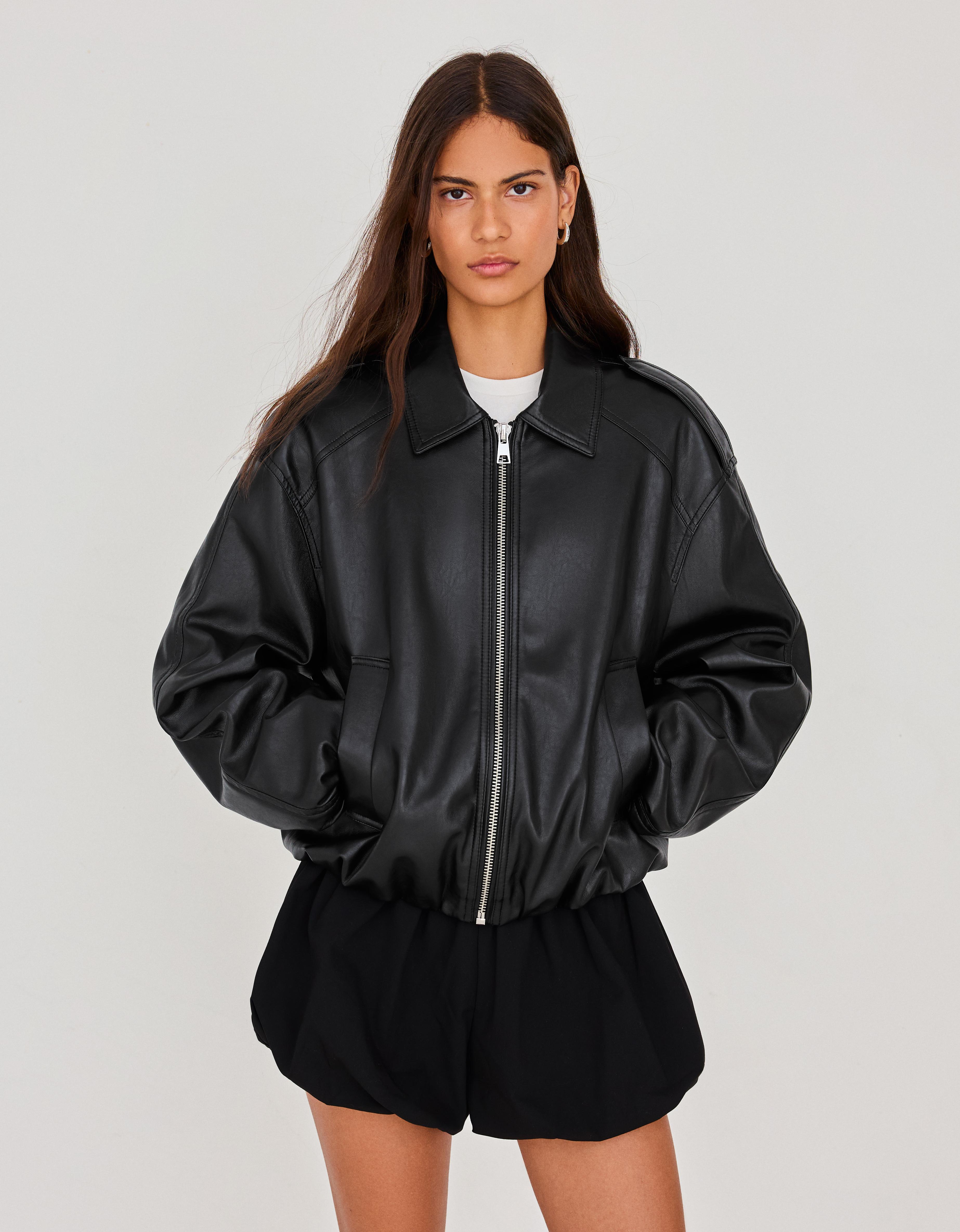 Bershka Cazadora Efecto Piel Globo Mujer L Negro