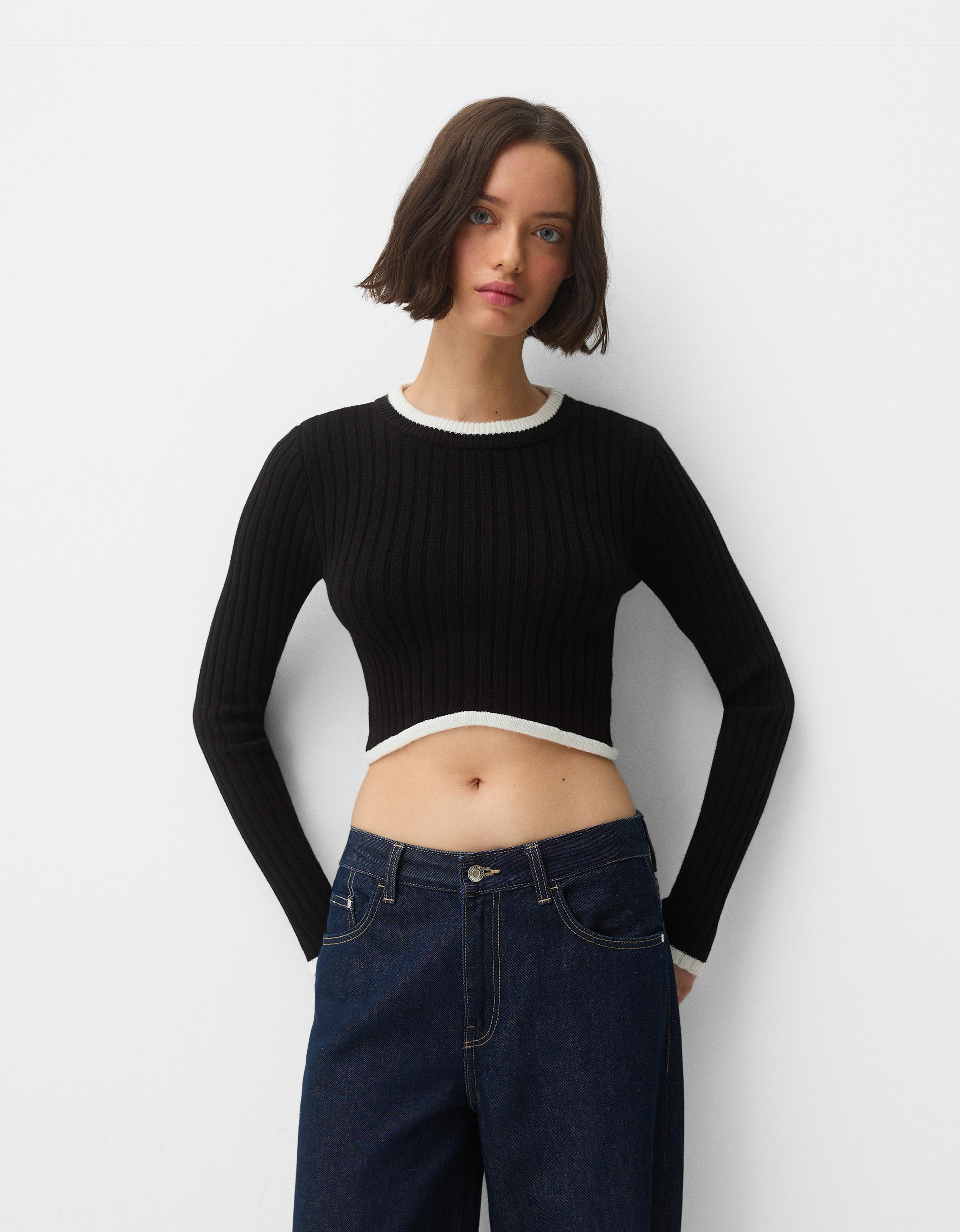 Bershka Gerippter Pullover Mit Kontrasten Damen L Schwarz