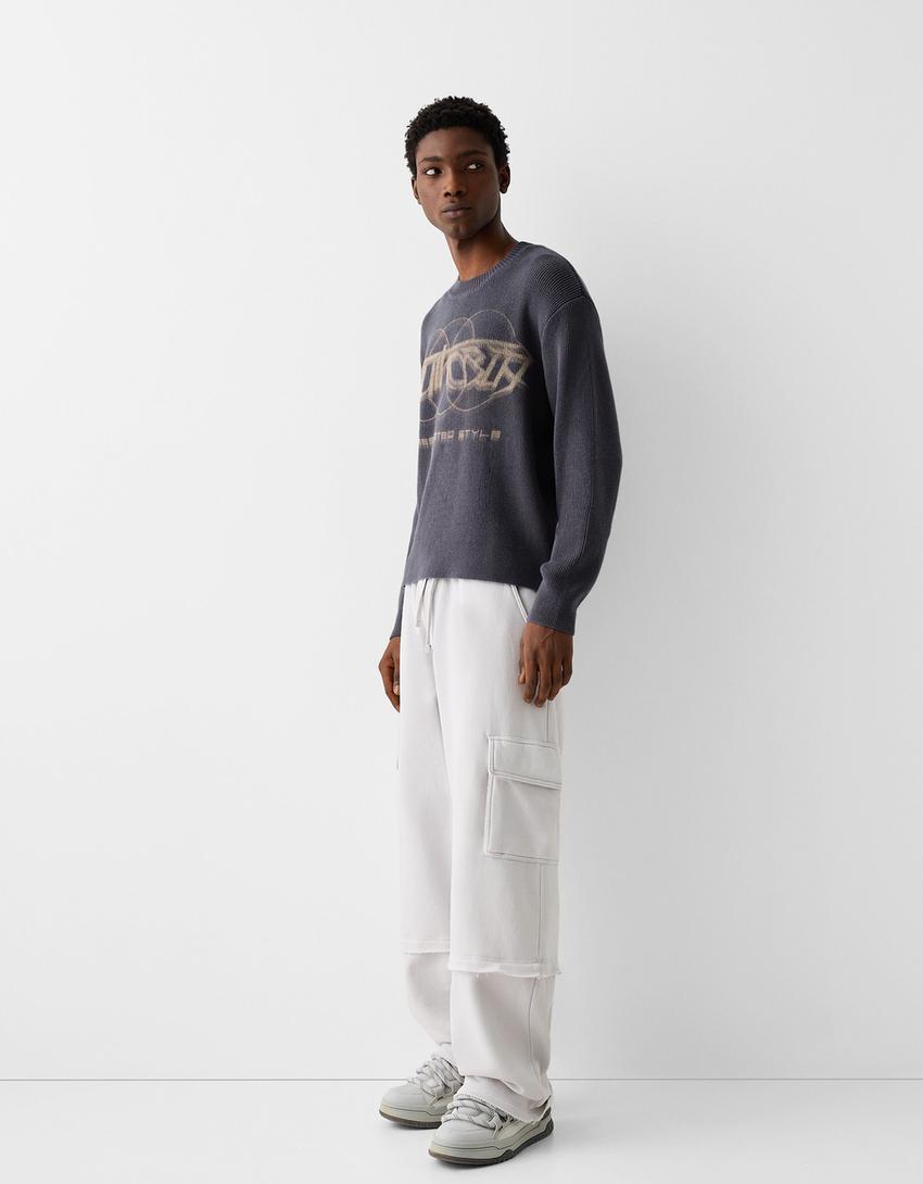 Pull maille côtelée imprimé-Gris foncé-4