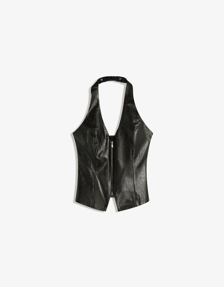 Leather effect halter top with zip