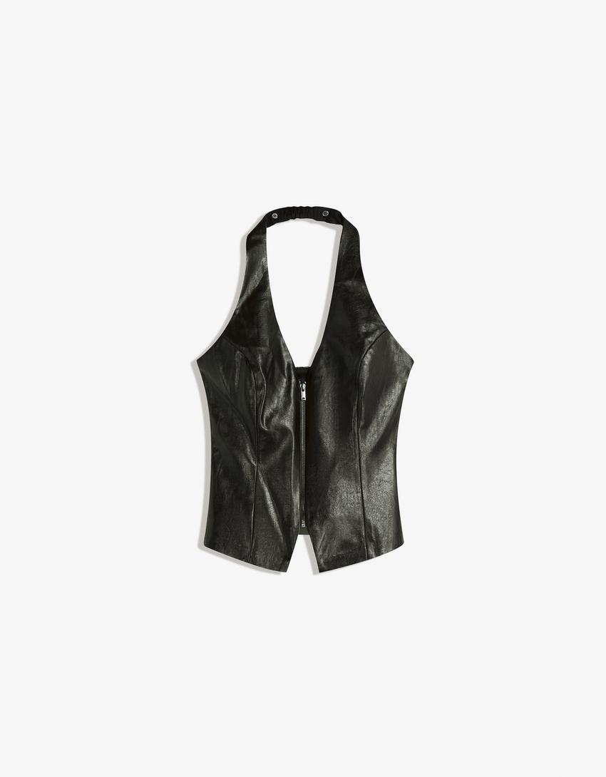 Leather effect halter top with zip-Black-3