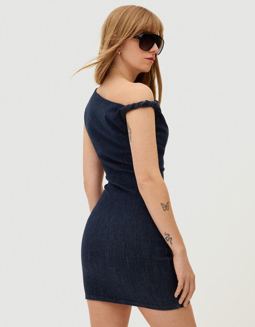 Mini off-shoulder denim dress-Navy