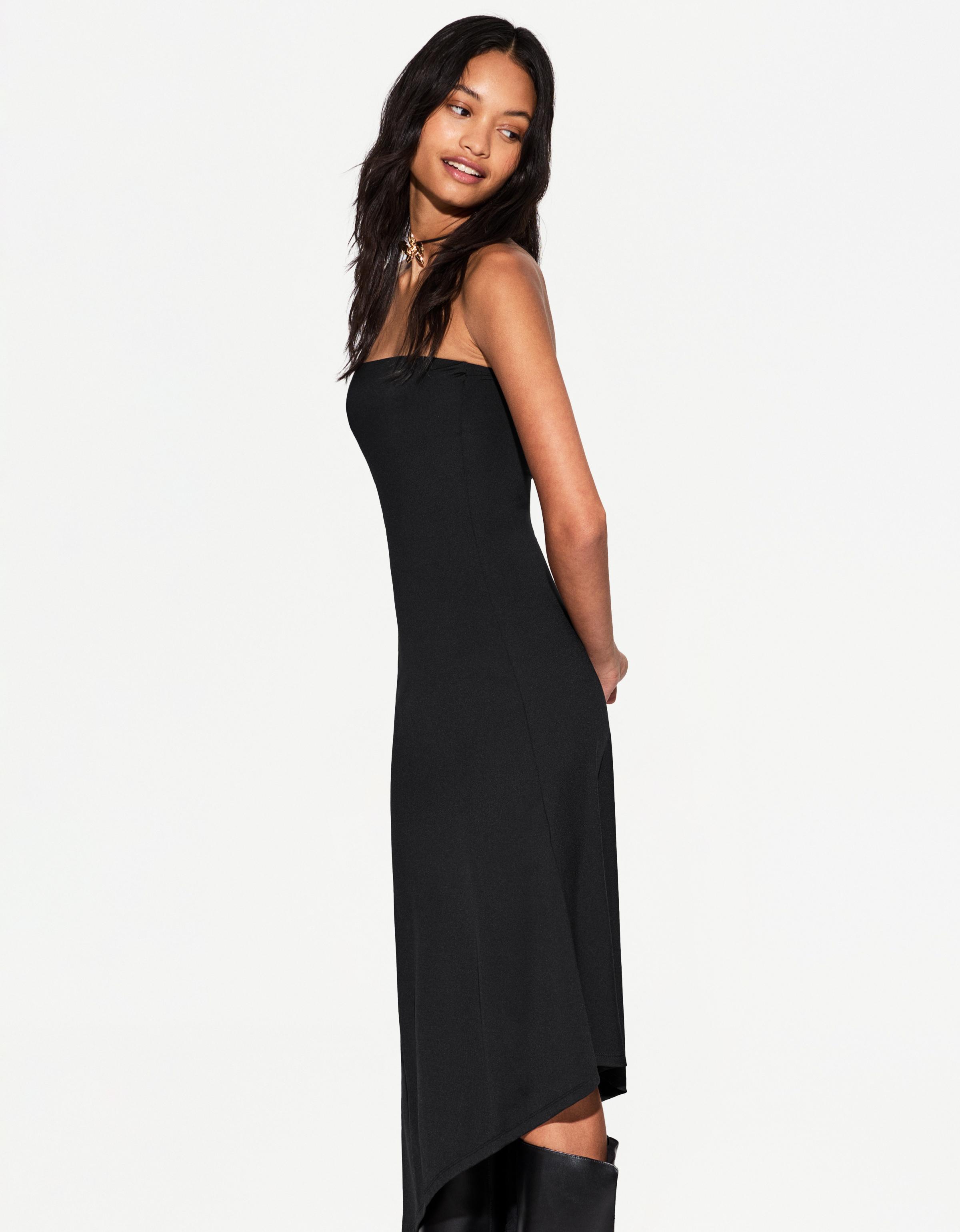 Bershka Asymmetrisches Bandeau-Midikleid Damen Xs Schwarz