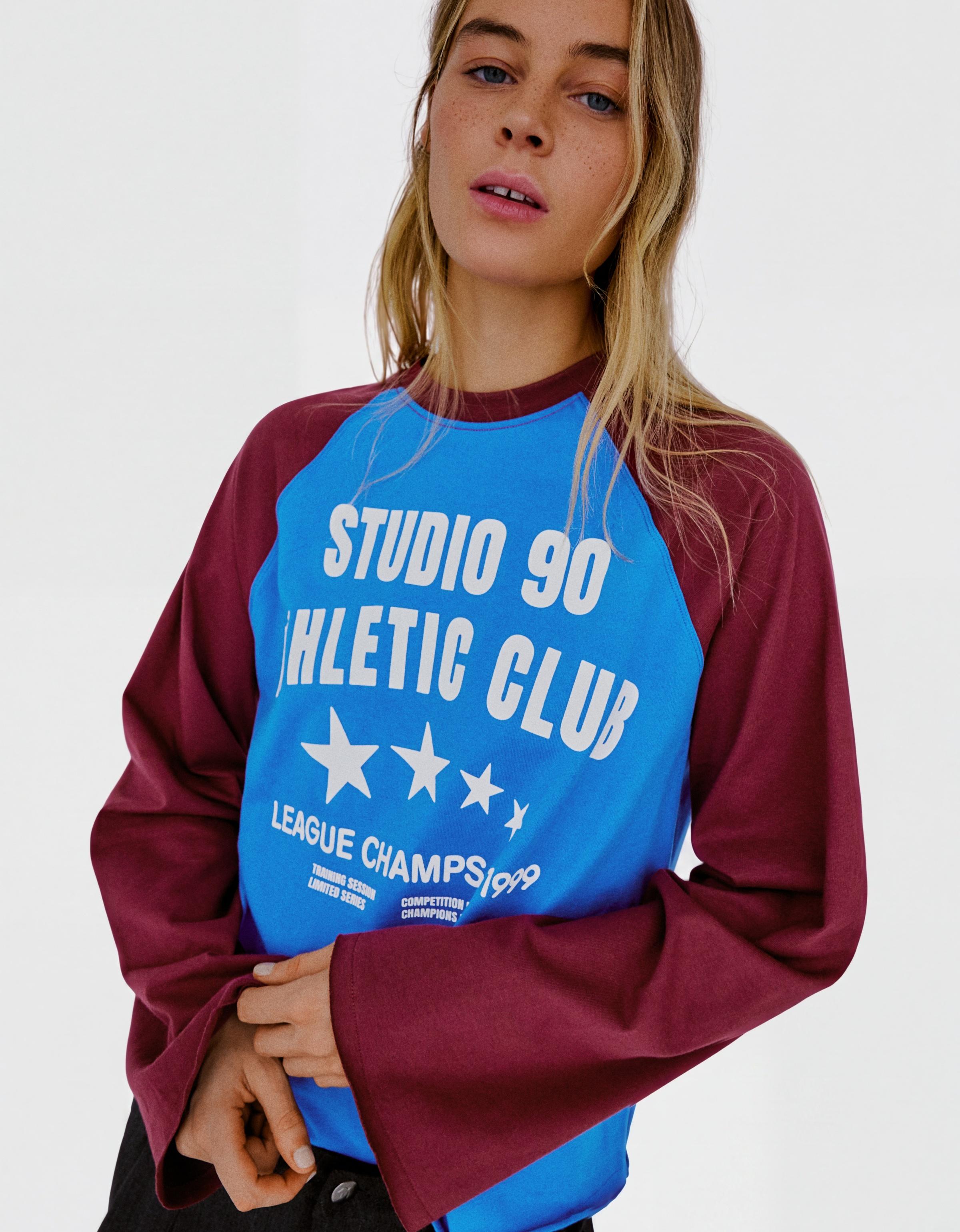 Long-sleeve contrast print raglan T-shirt — Blue