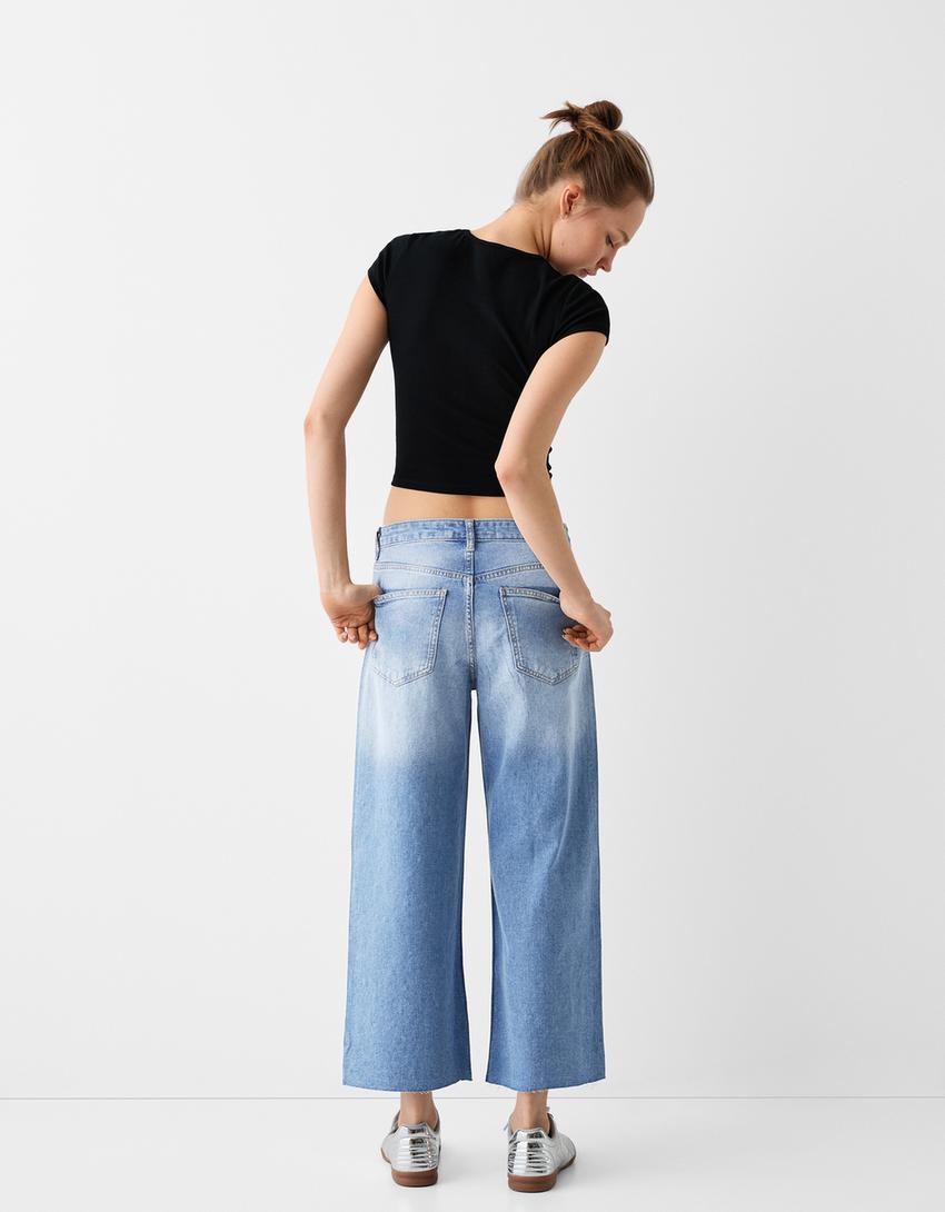 Culotte jeans with rhinestones-Light blue-2