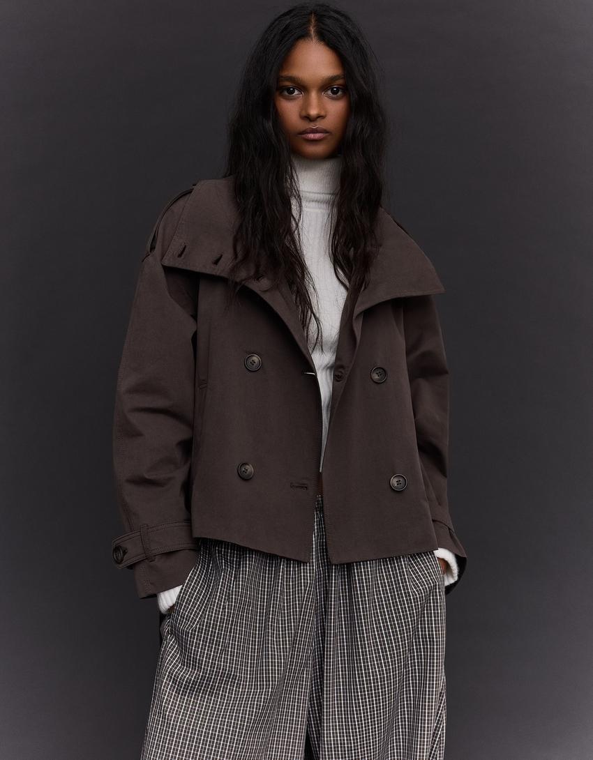 Funnel neck trench jacket-Brown