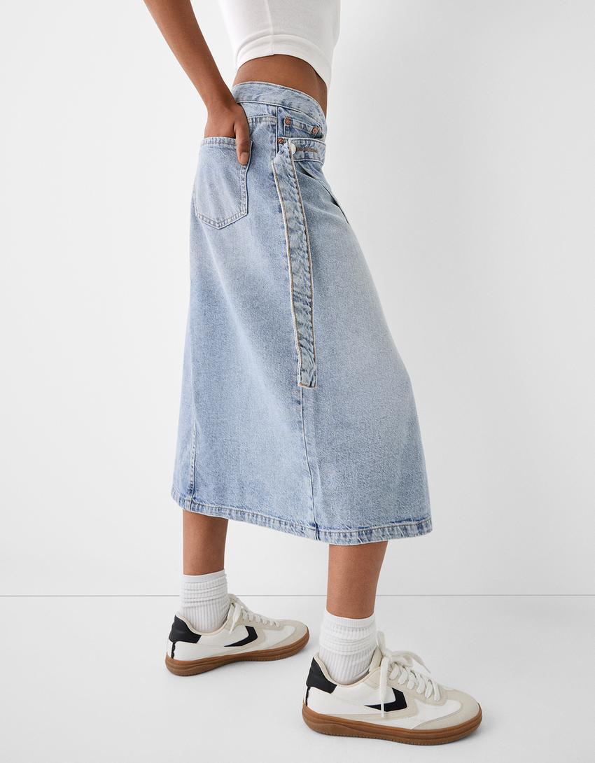 تنورة سكورت دنيم متداخلة-أزرق مغسول من الخارج-3