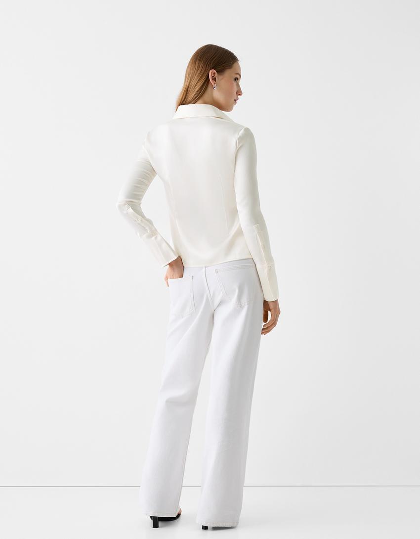 Fitted satin shirt with bell sleeves-Off white-1